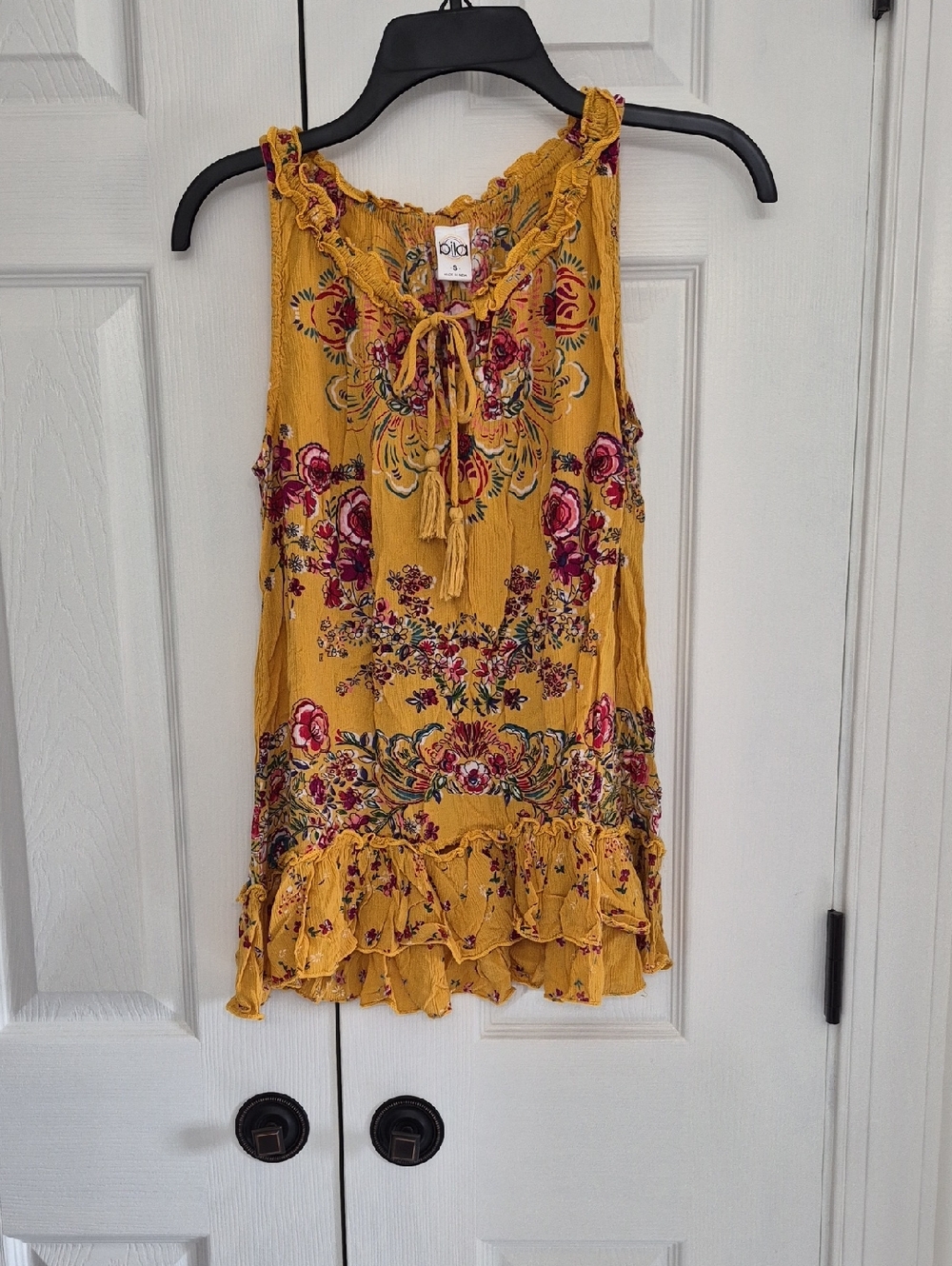 Bila Mustard Floral Tie-Front Ruffle Hem Camisole